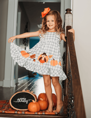 Gray Gingham Turkey Angel-Sleeve Dress - Millieloveslily.com
