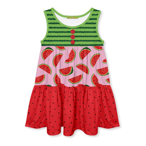 Green & Red Watermelon Tiered Sleeveless A - Line Dress - Millieloveslily.com