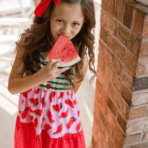 Green & Red Watermelon Tiered Sleeveless A - Line Dress - Millieloveslily.com