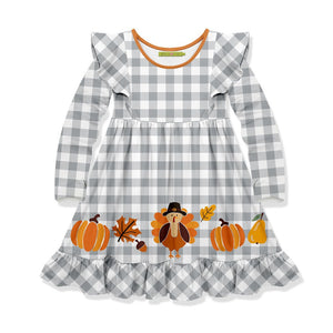 Heather Gray Gingham Turkey Paradise Border Long-Sleeve A-Line Dress - Millieloveslily.com