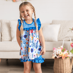 Ice Blue Floral Ruffle Sleeveless Top & Bow Shorts - Millieloveslily.com