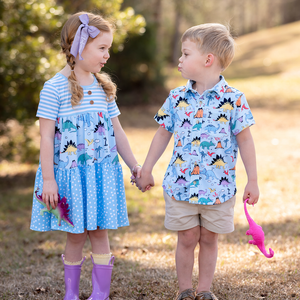 Ice Blue Island Dino Short - Sleeve Button - Up - Millieloveslily.com