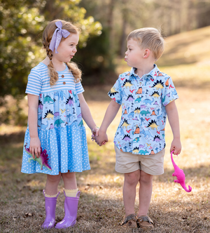 Ice Blue Island Dino Short - Sleeve Button - Up - Millieloveslily.com