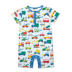Ice Blue Transportation Station Short - Sleeve Romper - Millieloveslily.com