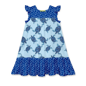 Ice Blue Turtle Tribe Ruffle Square - Neck A - Line Dress - Millieloveslily.com