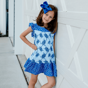 Ice Blue Turtle Tribe Ruffle Square - Neck A - Line Dress - Millieloveslily.com