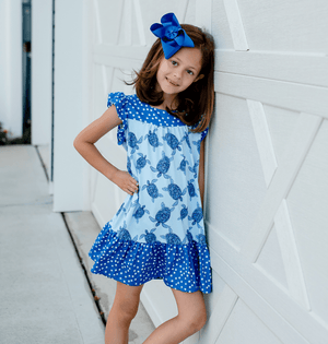 Ice Blue Turtle Tribe Ruffle Square - Neck A - Line Dress - Millieloveslily.com