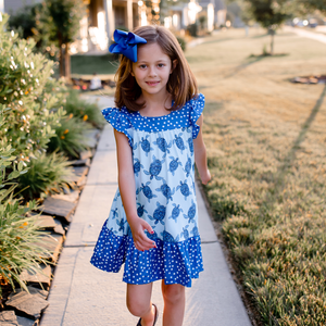 Ice Blue Turtle Tribe Ruffle Square - Neck A - Line Dress - Millieloveslily.com