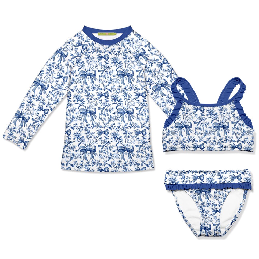 Kids 3 - pc White Blue Bows Long - Sleeve Rashguard Set - Millieloveslily.com