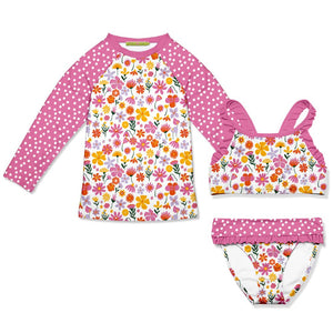 Kids 3 - pc White Fuchsia Floral Long - Sleeve Rashguard Set - Millieloveslily.com