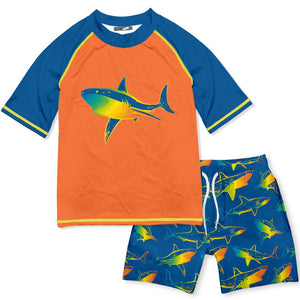 kids Blue and orange Shark themed Short - Sleeve Rashguard Set - Millieloveslily.com