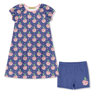 Kids Blue Apple Flowers Puff Sleeve Dress & Shorts - Millieloveslily.com