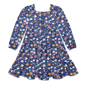 Kids Blue Beatrice Floral Square-Neck Button-Front Tiered Dress - Millieloveslily.com