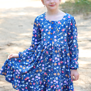 Kids Blue Beatrice Floral Square-Neck Button-Front Tiered Dress - Millieloveslily.com