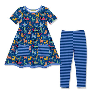Kids Blue Doggies Pocket A-Line Dress & Stripe Leggings - Millieloveslily.com