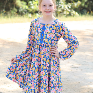 Kids Blue Floral Filigree Square-Neck Button-Front Tiered Dress - Millieloveslily.com