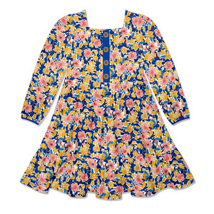 Kids Blue Floral Filigree Square-Neck Button-Front Tiered Dress - Millieloveslily.com