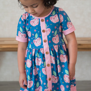 Kids Blue Iris Apple Flowers Button-Up A-Line Dress - Millieloveslily.com