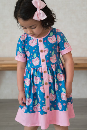 Kids Blue Iris Apple Flowers Button-Up A-Line Dress - Millieloveslily.com