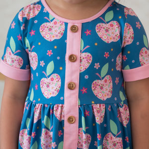 Kids Blue Iris Apple Flowers Button-Up A-Line Dress - Millieloveslily.com