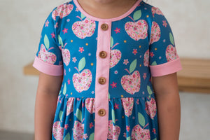 Kids Blue Iris Apple Flowers Button-Up A-Line Dress - Millieloveslily.com