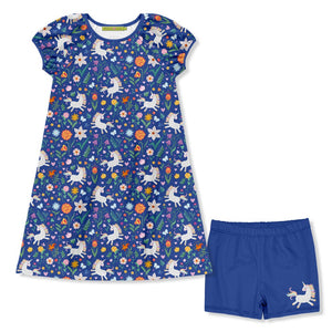 Kids Blue Lucky Unicorn Puff Sleeve Dress & Shorts - Millieloveslily.com