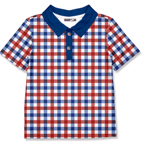 Kids Red, White & Blue Knit Check Polo on a white background, front