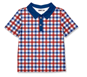 Kids Red, White & Blue Knit Check Polo on a white background, front