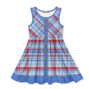 Kids Blue & Red Plaid Sleeveless Dress with decorative wood buttons on a white background, front- Millieloveslily.com