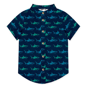 Kids Blue Shark Short - Sleeve Button - Up - Millieloveslily.com