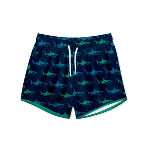 Kids Blue Shark Printed Swim Trunks on a white background, front