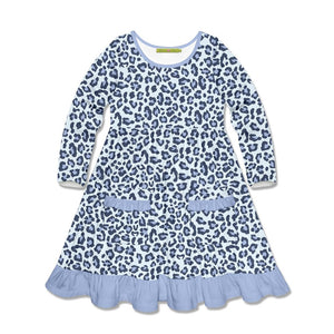 Kids Blue Skin Print Patch-Pocket Long-Sleeve A-Line Dress - Millieloveslily.com