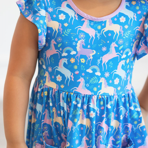 Kids Blue Unicorn Patch - Pocket Angel - Sleeve Dress - Millieloveslily.com