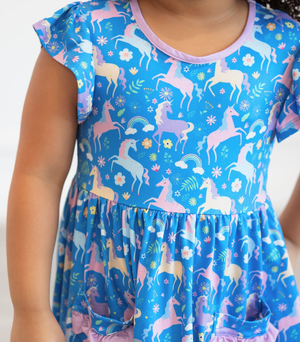 Kids Blue Unicorn Patch - Pocket Angel - Sleeve Dress - Millieloveslily.com