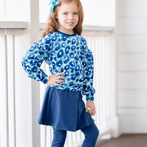 Kids Blue Watercolor Leopard Velour Sweatshirt & Navy Skirted Leggings - Millieloveslily.com