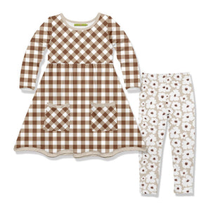 Kids Caramel Café Check Front-Pocket A-Line Dress & Floral Leggings - Millieloveslily.com