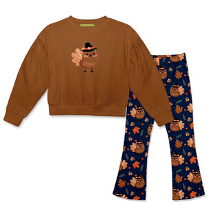 Kids Caramel Cafe Crewneck Sweatshirt & Tom Turkey Flare Leggings - Millieloveslily.com
