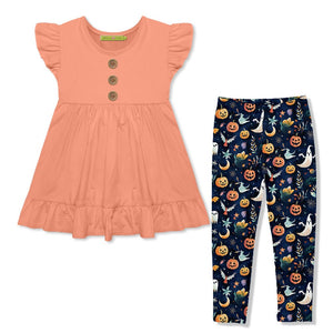Kids Coral Cotton Babydoll Top & Halloween Night Leggings Set - Millieloveslily.com