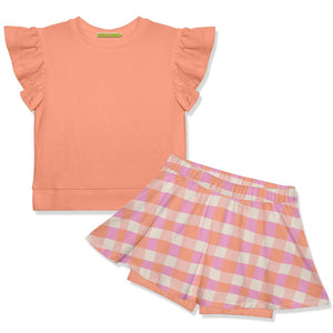 Kids Coral Fr Terry Top & Wavy Check Skort - Millieloveslily.com