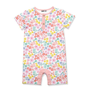 Kids Coral Midtone Floral Short - Sleeve Romper - Millieloveslily.com