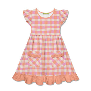 Kids Coral Wavy Check Patch - Pocket Angel - Sleeve Dress - Millieloveslily.com
