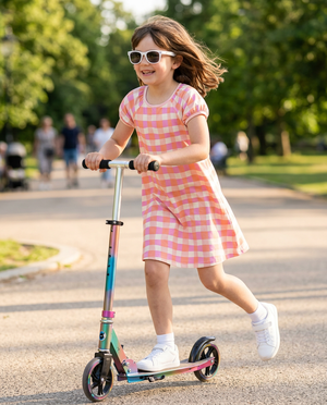 Kids Coral Wavy Check Puff Sleeve Dress - Millieloveslily.com