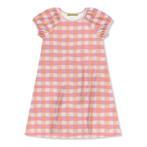 Kids Coral Wavy Check Puff Sleeve Dress - Millieloveslily.com