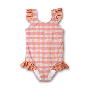 Kids Coral Wavy Check Ruffle - Accent One - Piece Swimsuit - Millieloveslily.com