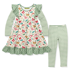 Kids Cream Christmas Ribbon Dress & Stripe Leggings - Millieloveslily.com