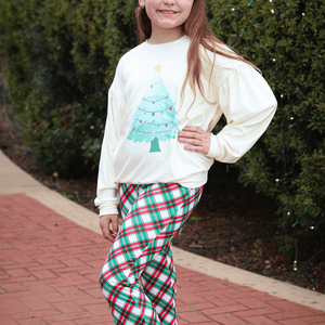 Kids Cream Christmas Velour Sweatshirt & Plaid Flare Leggings - Millieloveslily.com