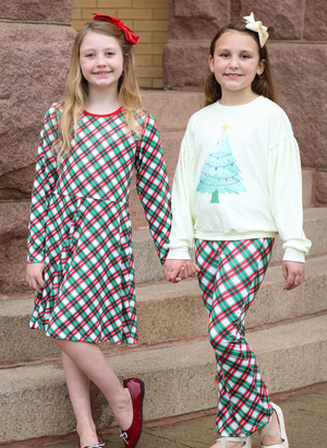 Kids Cream Christmas Velour Sweatshirt & Plaid Flare Leggings - Millieloveslily.com