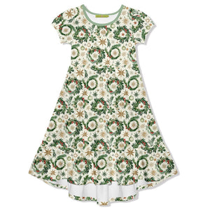 Kids Cream Christmas Wreaths Midi-Length Hi-Low Dress - Millieloveslily.com