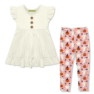 Kids Cream cotton Babydoll Top & Goblins & Pumpkins Leggings Set - Millieloveslily.com