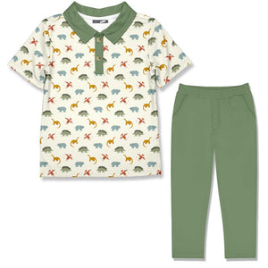 Kids Cream Dino Night Polo & Loden Frost Pants - Millieloveslily.com